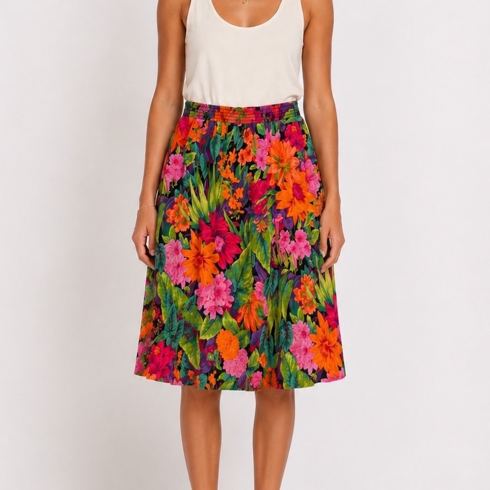 Michele‎ Leslie Vintage 90s Bright Floral Midi Skirt Tropical USA Medium Spring